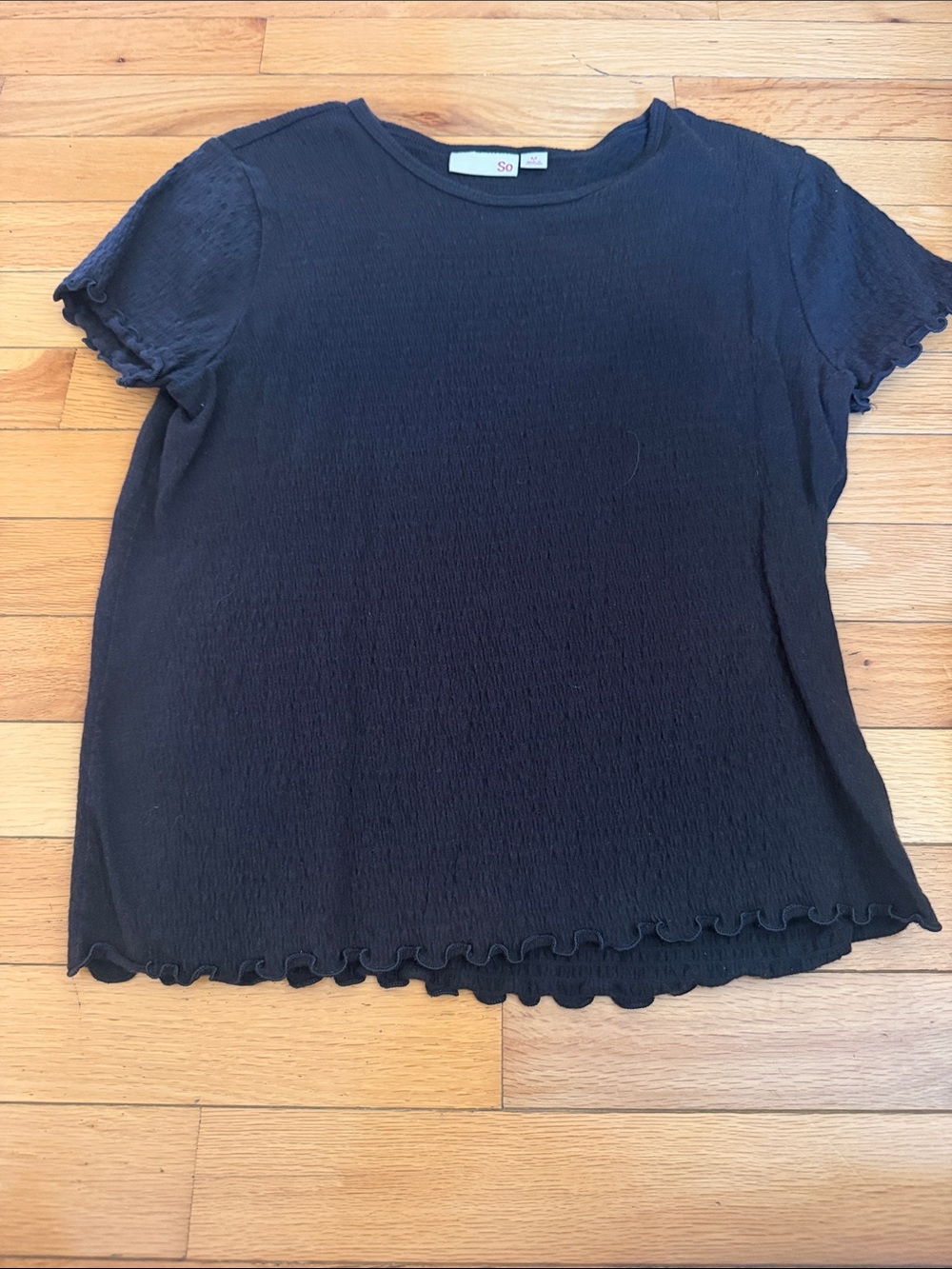 SO Black Short Sleeve Ruffle-Trim Knit Tee